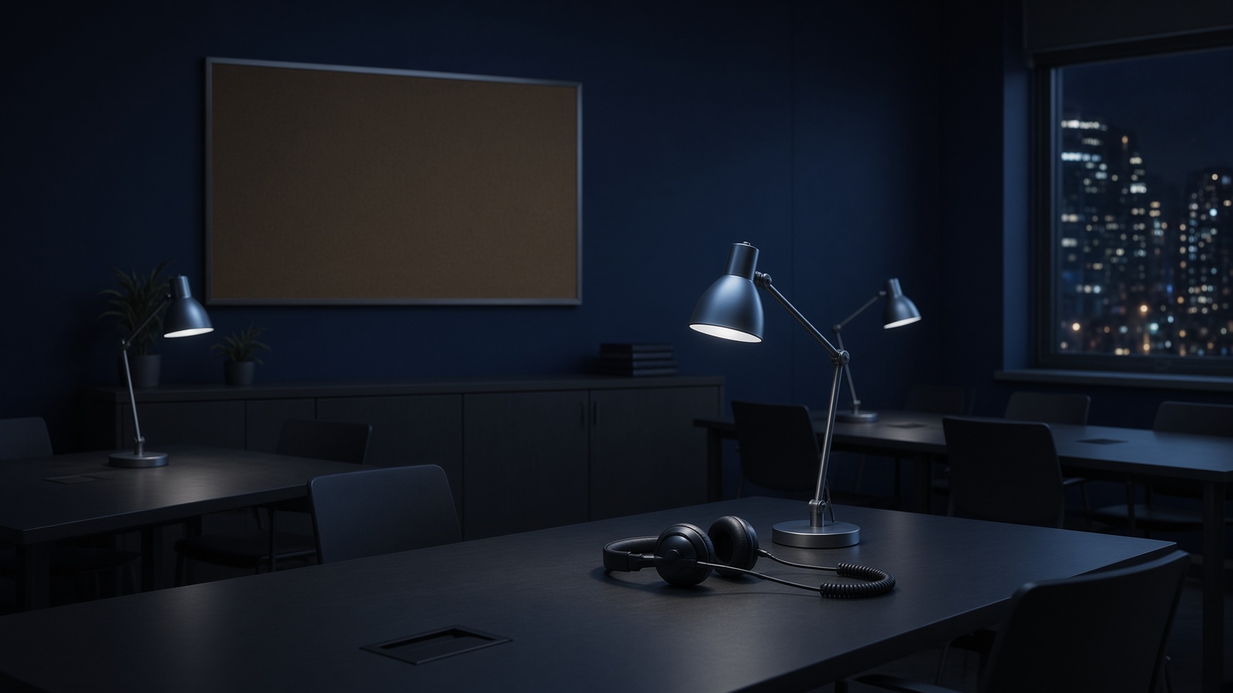 Empty crew briefing room at night